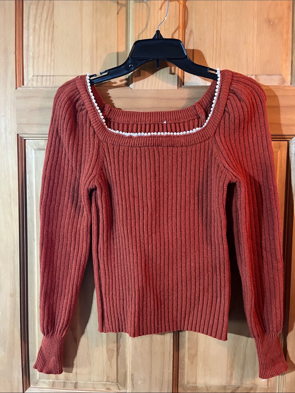 Women's Ribbed Square-Neck Sweater with Pearl Trim - Rust